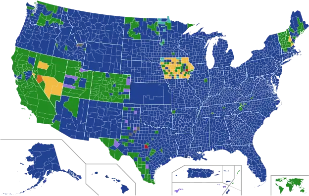 Results by county according to first determining step relevant for delegate allocation. In Iowa, this is State Delegate Equivalents (SDEs) elected at precinct caucuses; in Nevada, this is County Convention Delegates (CCDs). In other states, this is the popular vote for each candidate.