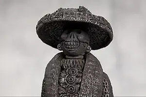 Detail of a Catrina figure in Barro negro pottery by artisan Carlomagno Pedro Martinez