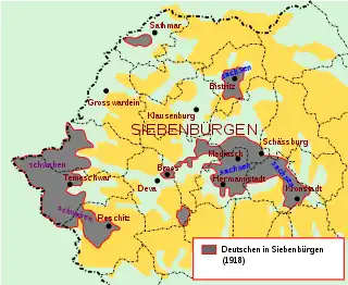 Traditional areas of settlement for the Saxons and Swabians in Transylvania and Banat, Kingdom of Romania (at the round of the 20th century)