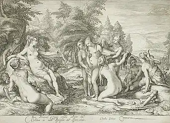 Callisto's pregnancy discovered, engraving by Jan Pietersz, 1599.