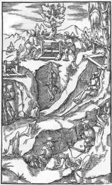 Miners with helmets (Fahrhauben) (illustration by Agricola mid-16th century)