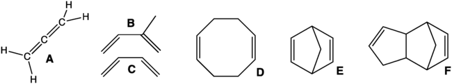 Structure of various alkadienes (also called dienes or diolefins)