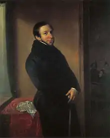 painting of prosperous-looking man in fur-collared black coat