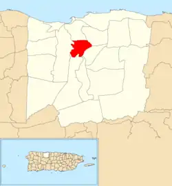 Location of Domingo Ruíz within the municipality of Arecibo shown in red