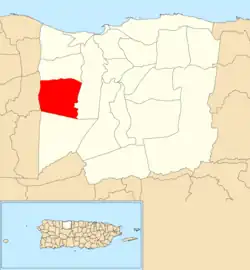 Location of Dominguito within the municipality of Arecibo shown in red