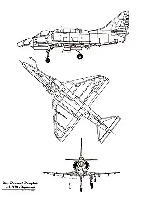 Orthographically projected diagram of the A-4 Skyhawk.