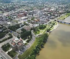 An aerial view of Wilkes-Barre and the Susquehanna River; the courthouse is visible in the foreground