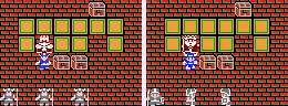 Two-dimensional video game screenshots that show the same scene. The background is identical, but the characters look different.