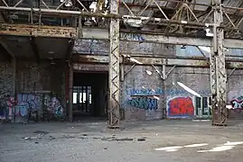 Interior of foundry, 2009, looking west.  Note interior passageway stretching through the complex to the machine shop.