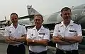 From left to right: Capitaine de Vaisseau Xavier Magne (captain of the  Charles De Gaulle), vice-amiral d'escadre Alain Dumontet, commander of the Force d'Action Navale, and contre-amiral Édouard Guillaud, Préfet maritime of the English Channel and North Sea (former captain of the Charles De Gaulle 1999–2001).