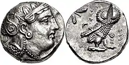 Coin of Satrap Sabakes, in imitation of Athenian coinage. Circa 340-333 BC. Achaemenid Egypt.