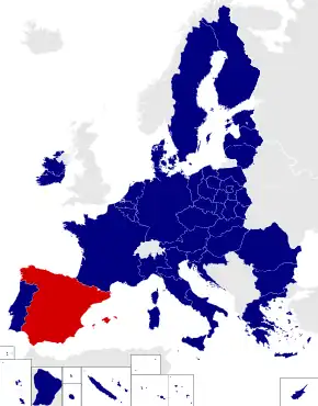 Map of the European Parliament constituencies with Spain highlighted in red