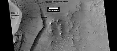 Layers under cap rock of a pedestal crater, as seen by HiRISE under HiWish program. Pedestal crater is within the much larger Tikhonravov.