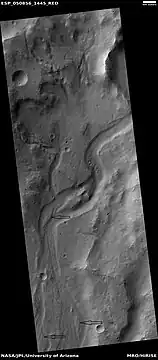 Channel, as seen by HiRISE under HiWish program  Streamlined shapes are indicated with arrows.  Location is the Phaethontis quadrangle.