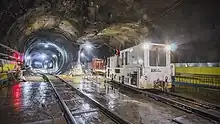 A tunnel cavern located north of the new Grand Central LIRR station, with two tubes diverging from the cavern. A railroad switch will be installed within the cavern, connecting the tracks that run through the tubes.