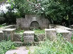 Stone wall with arched gap, overgrown with weeds.