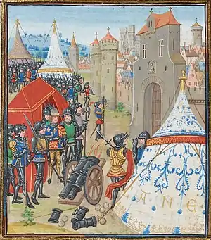 Edward III of England besieges Reims with cannons in the Reims Campaign of the Hundred Years' War. The cathedral is visible in the background.