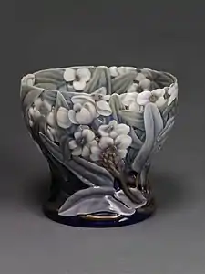 Bowl designed by Effie Hengermann-Lindencrone with foliage and dragonfly (1917)