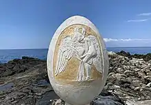 Egg sculpture on Pefnos, 2020, by Yiannis Gouzos and Petros Themelis.