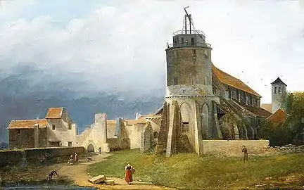 Ruins of the chapel, with a tower used as  telegraph station, by Antoine-Louis Goblain (1820)