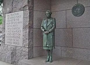 Statue of Eleanor Roosevelt in front of the United Nations logo.