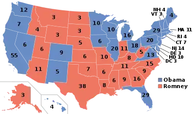 Electoral college map, depicting Obama winning many states in the Northeast, Midwest, and Pacific West, and Florida, and Romney winning many states in the South and Rocky Mountains.