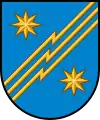 A coat of arms depicting three yellow, diagonal lines zig-zagging from the bottom left to the top right on a grey background