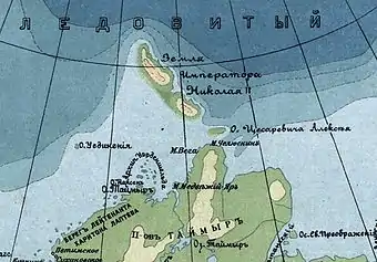 Partly surveyed Emperor Nicholas II Land in a 1915 map of the Russian Empire. At the time it was believed that the archipelago formed a single landmass.