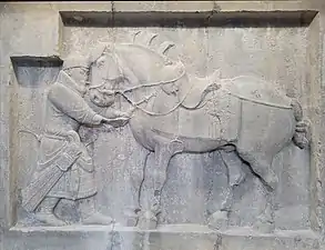 One of the reliefs, very likely after a drawing by Yan Liben, at the Penn Museum.  Here a general removes an arrow from the horse Saluzi ("Autumn Dew")