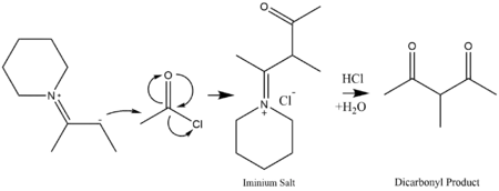 Enamine nucleophile attacks acetyl chloride to form a dicarbonyl species