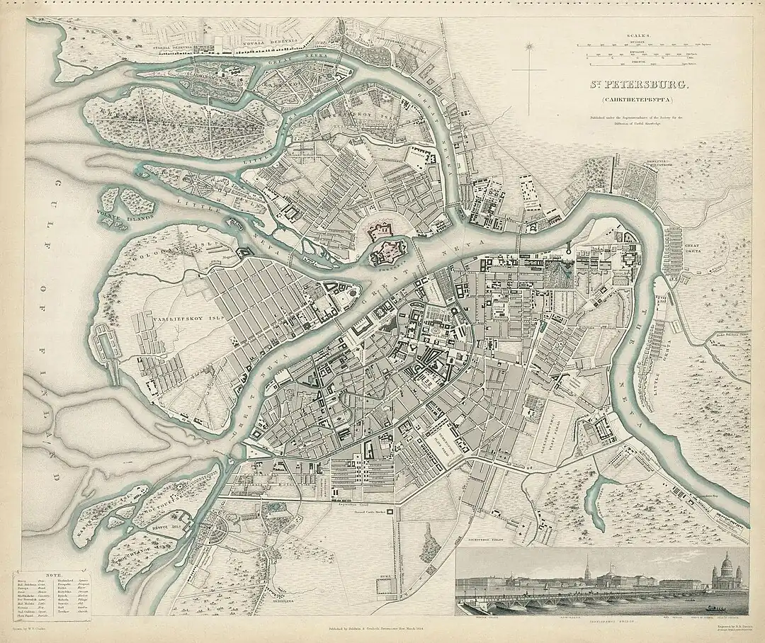 English map of 1834 depicting the city centre and the names of Neva arms