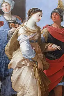 In Guido Reni's painting (1631, Louvre, Paris), however, Paris holds Helen by her wrist (as he already did in Genga's painting shown here on the left), and leave together for Troia.