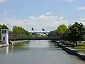 A lift bridge, elevated at both ends