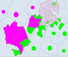 Ethnic townships in Central Sichuan Ya'an and Garzê. Light green - Yi. Red - Tibetan.