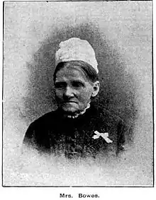 Black-and-white head and shoulders photograph of Bowes, wearing a white bonnet