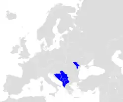 Map of Europe (grey) indicatingthe members of CEFTA (blue)