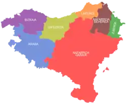 The seven historical provinces usually included in the definition of the greater region of the Basque Country.