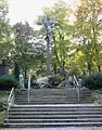 The monumental crucifix created by sculptor Anton Hess on the cemetery ground