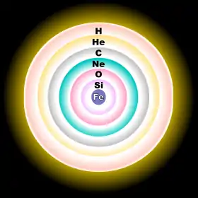 A concentric-sphere diagram, showing, from the core to the outer shell, iron, silicon, oxygen, neon, carbon, helium and hydrogen layers.