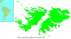 Locations within the Falkland Islands of Fox Bay and its namesakes Fox Bay East and Fox Bay West.