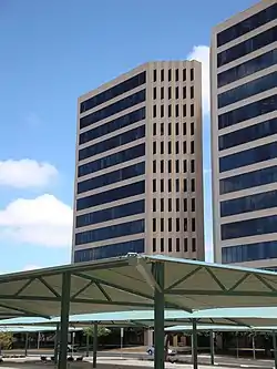 Looking North at the two buildings of the Fasken Center in Downtown Midland, TX.