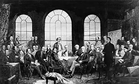 Conference at Québec in 1864, to settle the basics of a union of the British North American Provinces, also known as The Fathers of Confederation. The original painting was destroyed when the Centre Block of the Parliament Buildings was consumed by fire in 1916.