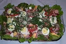 Fiambre is a traditional food from Guatemala eaten on November 1 and 2 in celebration of the Day of the Dead and All Saints Day. It is a chilled salad that may be made from over 50 ingredients.