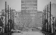 Snow on the main bridge in Mitrovica