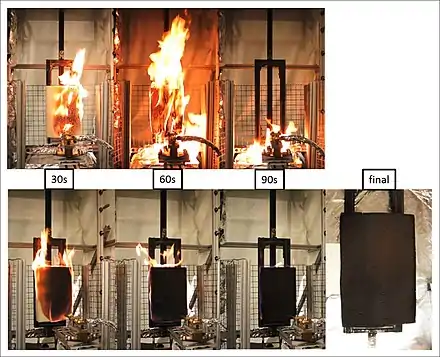 Flame test. Top, untreated polyurethane foam burns vigorously. Bottom, with fire-retardant.