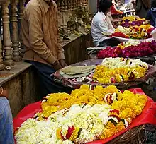 Garland sellers outside Banke Bihari Temple