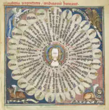 Wheel of the Twelve Attributes of Human Existence. Christ's head is surrounded by twenty-five radial segments with readings about the twelve ages of man, and symbols of the four evangelists in each corner.Madonna Master from the De Lisle Psalter (folio 126).