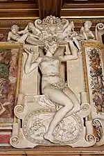 Renaissance stucco cartouche on a wall in the Gallery of Francis I, Palace of Fontainebleau, Fontainebleau, France, by Rosso Fiorentino, designed in 1532