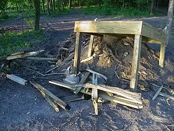 A destroyed life guard tower at Cedar Lake East Beach in 2017.