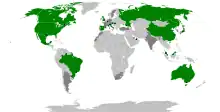 A map showing the countries that hosted a Formula One race during the 2015 season. Countries which had previously hosted a race are shown as well.